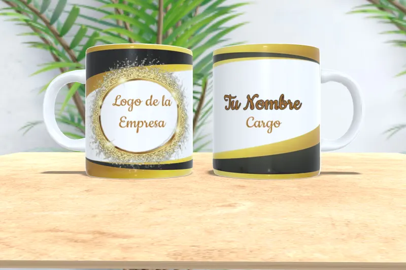 Taza institucional negra y dorada con logo de empresa, sublimación en San Cristóbal