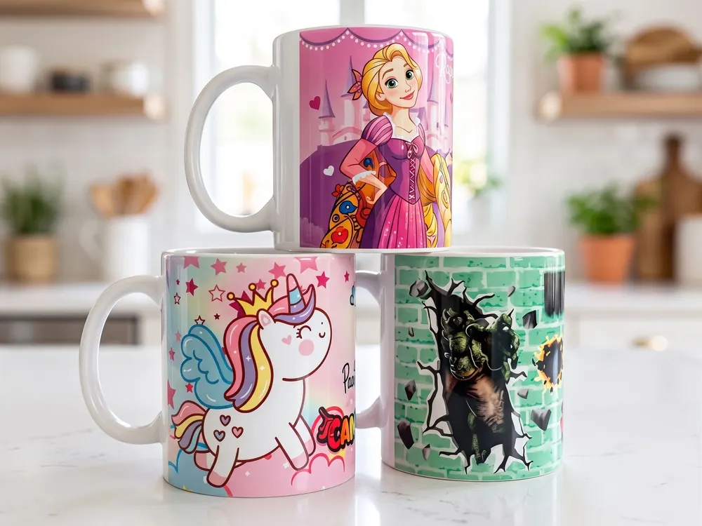 Tazas para cumpleaños en San Cristóbal: unicornio, princesa y héroe sublimados por SubliVen