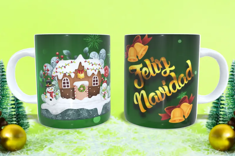 Taza personalizada navideña verde con campanas sublimada en San Cristóbal, Táchira