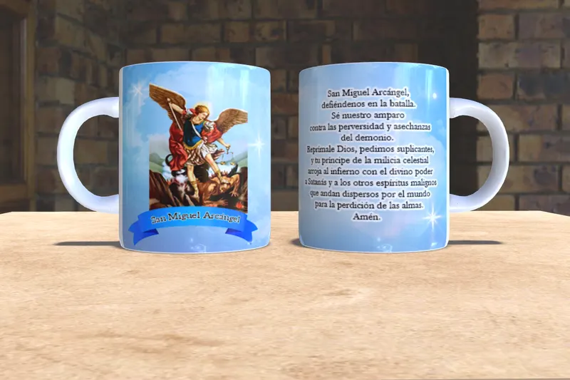 Taza personalizada de San Miguel Arcángel con oración sublimada en San Cristóbal, Táchira